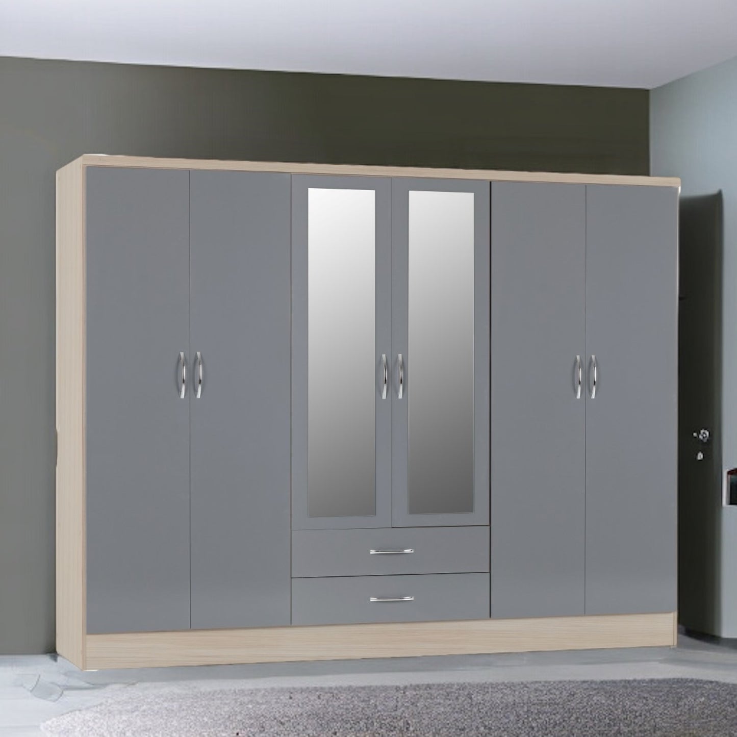 6 Door Wardrobe With 2 Mirrors & 2 Drawers