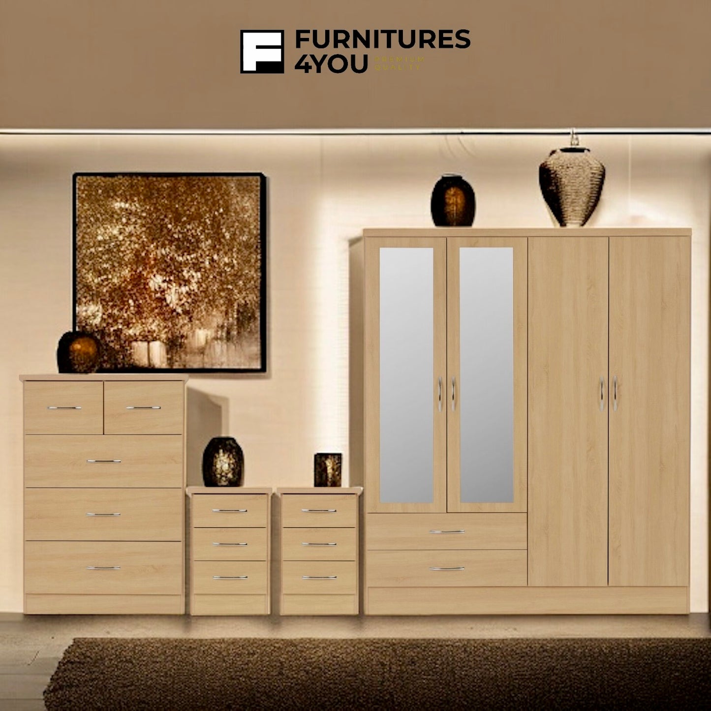 4 Door Set With 2 Mirrors & 2 Drawers With 2+3 Chest Drawers