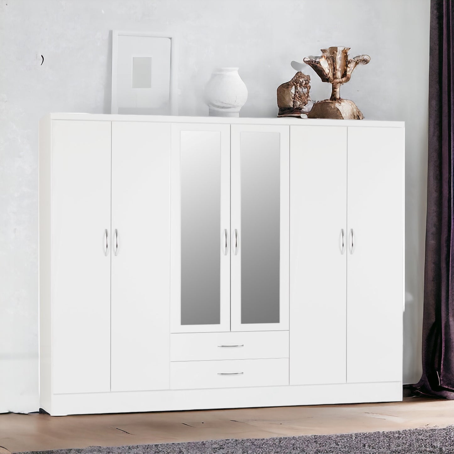 6 Door Wardrobe With 2 Mirrors & 2 Drawers