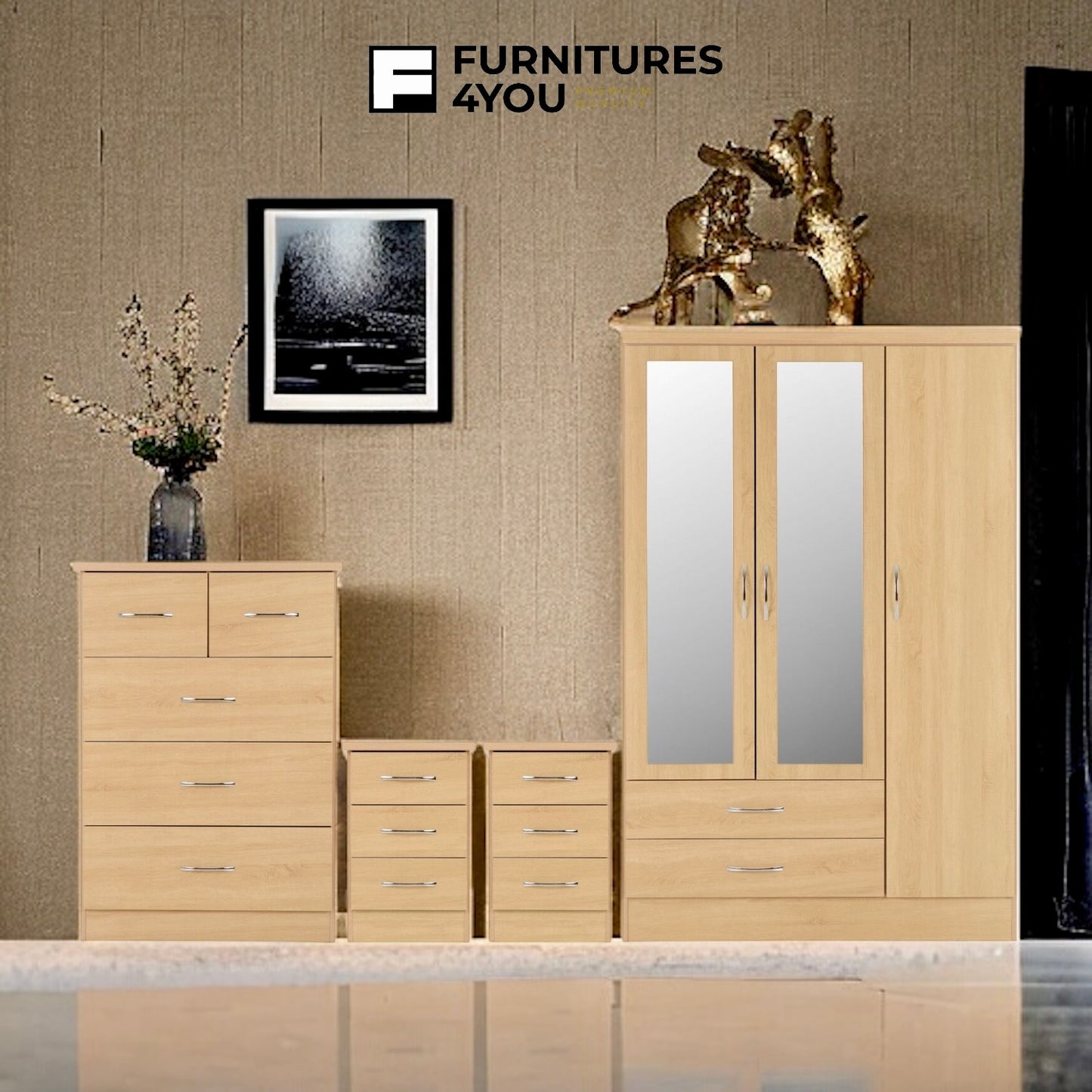 3 Door Set With 2 Mirrors & 2 Drawers With 2+3 Chest Drawers